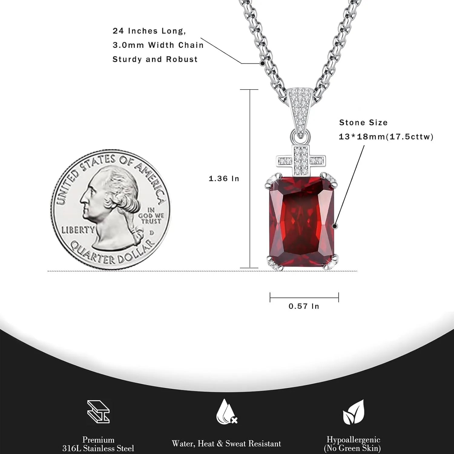 YAMI Necklace for Men, Cross Pendant with 24" Stainless Steel Chain, 17.5-Carat Cubic Zirconia Diamond, Emerald Cut Birthstone, Jewelry Gift for Boyfriend/Husband