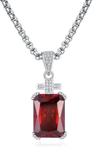 YAMI Necklace for Men, Cross Pendant with 24" Stainless Steel Chain, 17.5-Carat Cubic Zirconia Diamond, Emerald Cut Birthstone, Jewelry Gift for Boyfriend/Husband