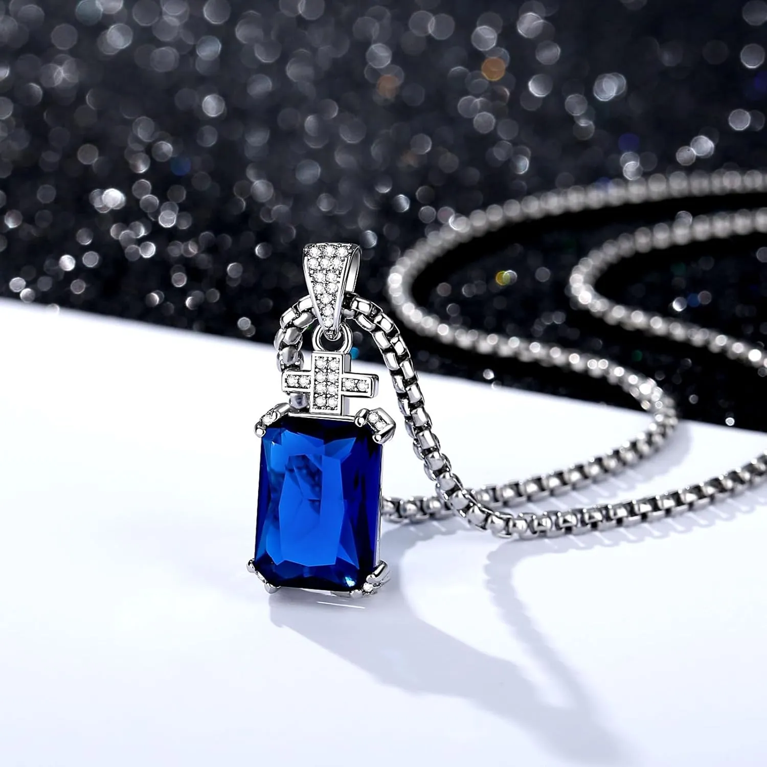YAMI Necklace for Men, Cross Pendant with 24" Stainless Steel Chain, 17.5-Carat Cubic Zirconia Diamond, Emerald Cut Birthstone, Jewelry Gift for Boyfriend/Husband