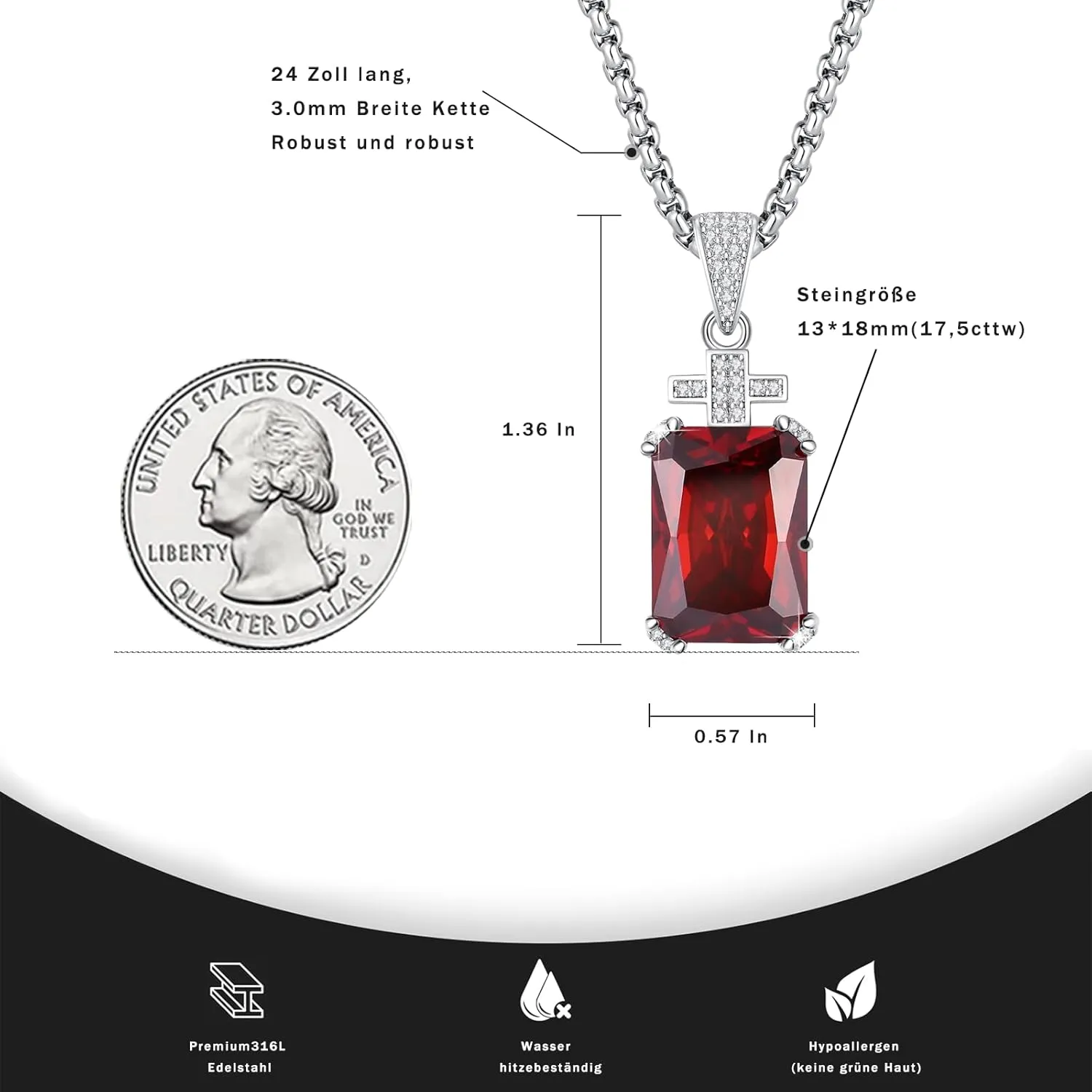 YAMI Necklace for Men, Cross Pendant with 24" Stainless Steel Chain, 17.5-Carat Cubic Zirconia Diamond, Emerald Cut Birthstone, Jewelry Gift for Boyfriend/Husband