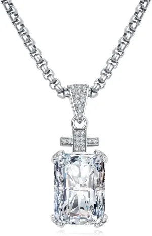 YAMI Necklace for Men, Cross Pendant with 24" Stainless Steel Chain, 17.5-Carat Cubic Zirconia Diamond, Emerald Cut Birthstone, Jewelry Gift for Boyfriend/Husband