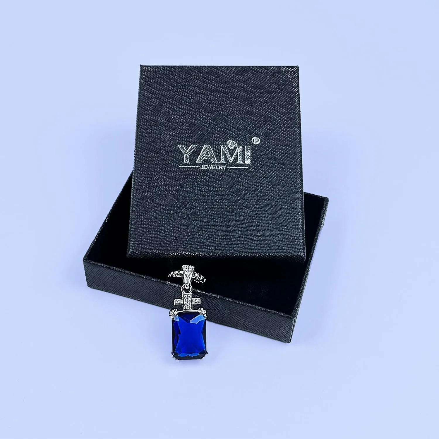 YAMI Necklace for Men, Cross Pendant with 24" Stainless Steel Chain, 17.5-Carat Cubic Zirconia Diamond, Emerald Cut Birthstone, Jewelry Gift for Boyfriend/Husband
