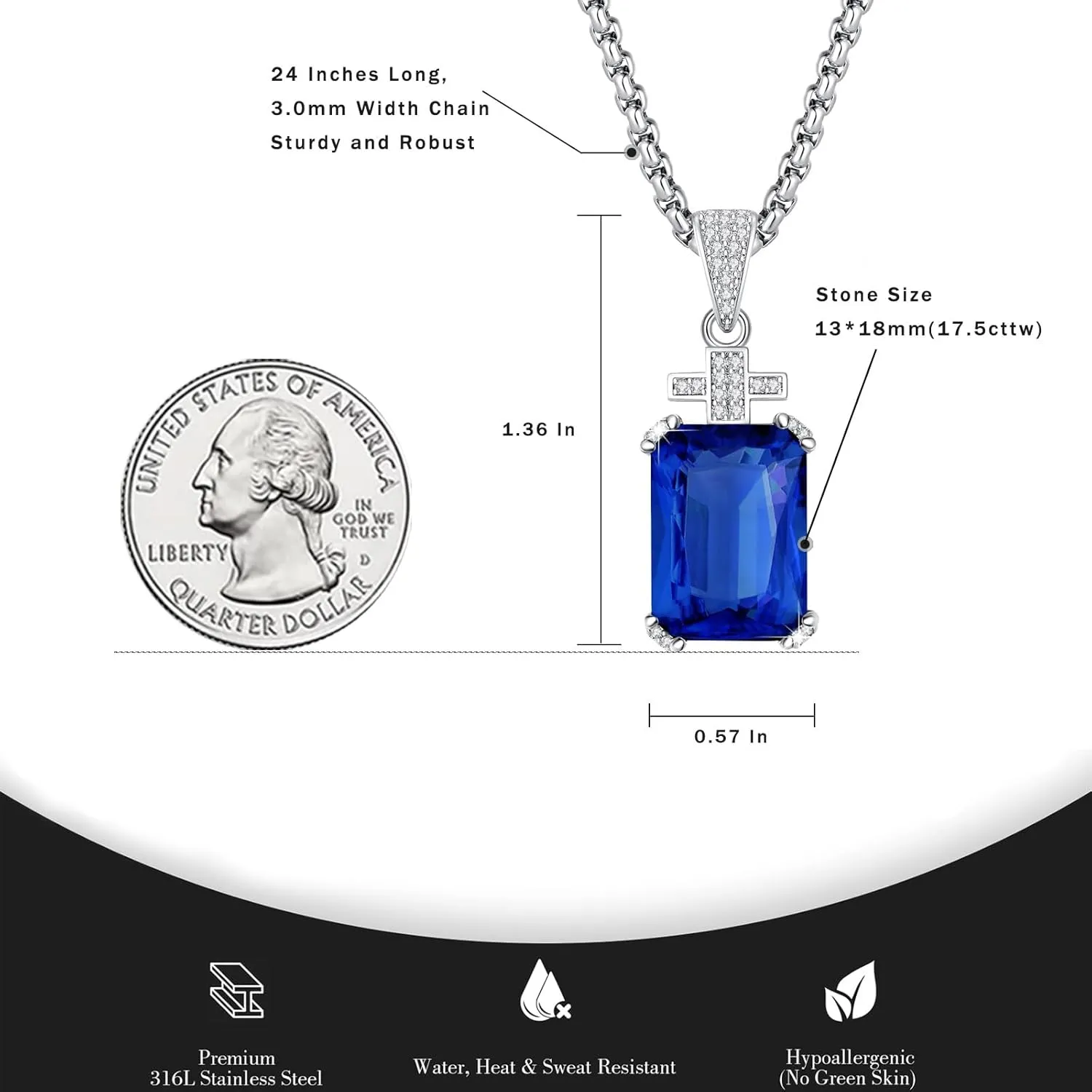 YAMI Necklace for Men, Cross Pendant with 24" Stainless Steel Chain, 17.5-Carat Cubic Zirconia Diamond, Emerald Cut Birthstone, Jewelry Gift for Boyfriend/Husband