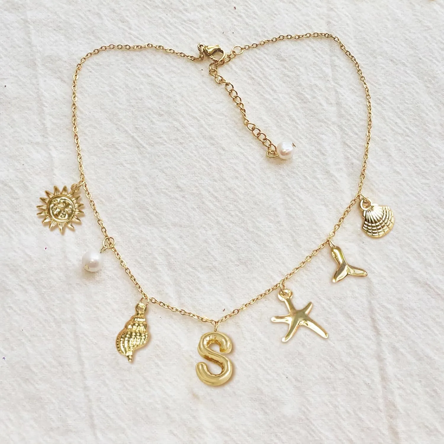 YANCHUN Initial Charm Necklace Summer Shell Necklace Letter A-Z Summer Boho Seashell Starfish Surfer Necklaces Jewelry Beach Vacation Essentials Trendy 2025 Women Beach Fashion