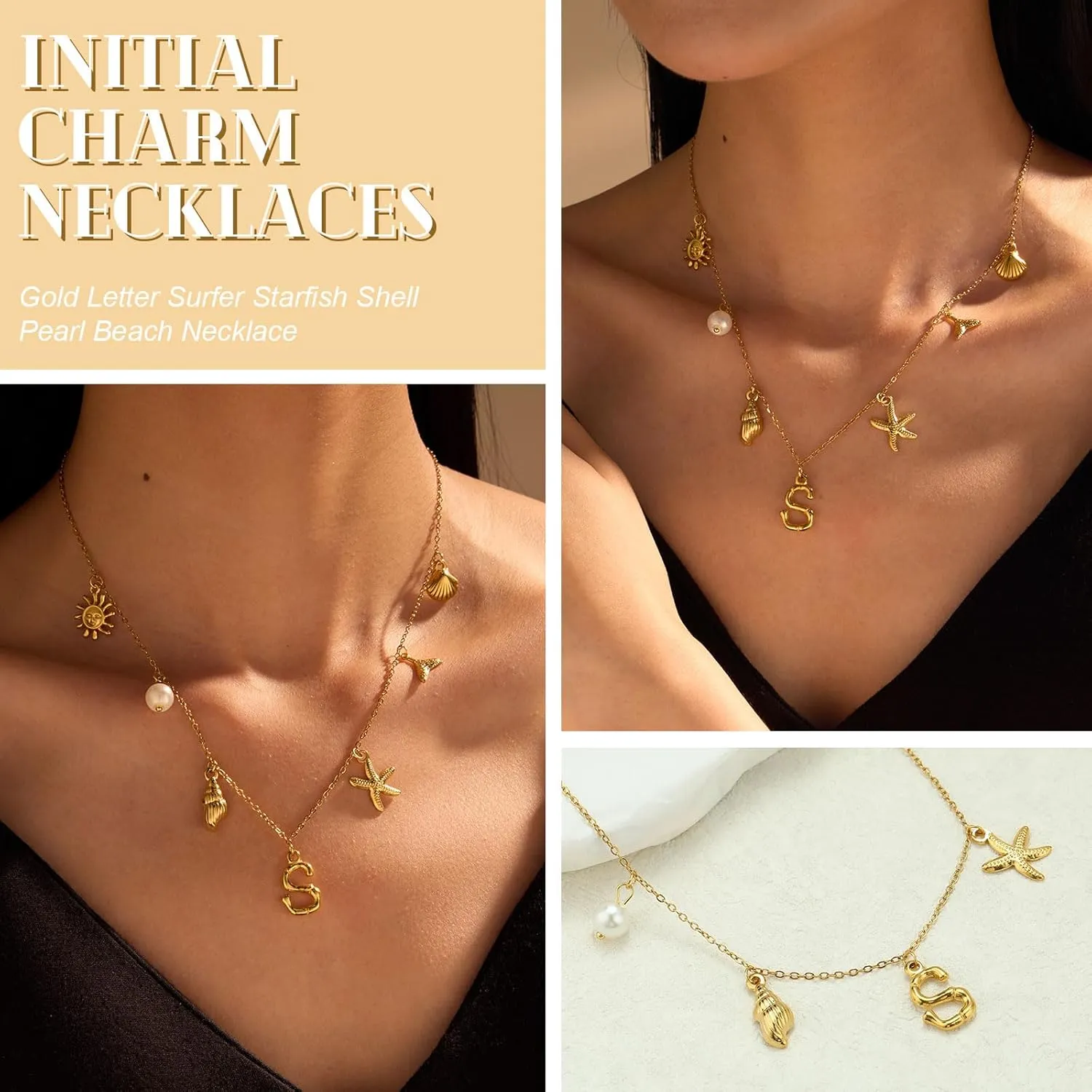 YANCHUN Initial Charm Necklace Summer Shell Necklace Letter A-Z Summer Boho Seashell Starfish Surfer Necklaces Jewelry Beach Vacation Essentials Trendy 2025 Women Beach Fashion