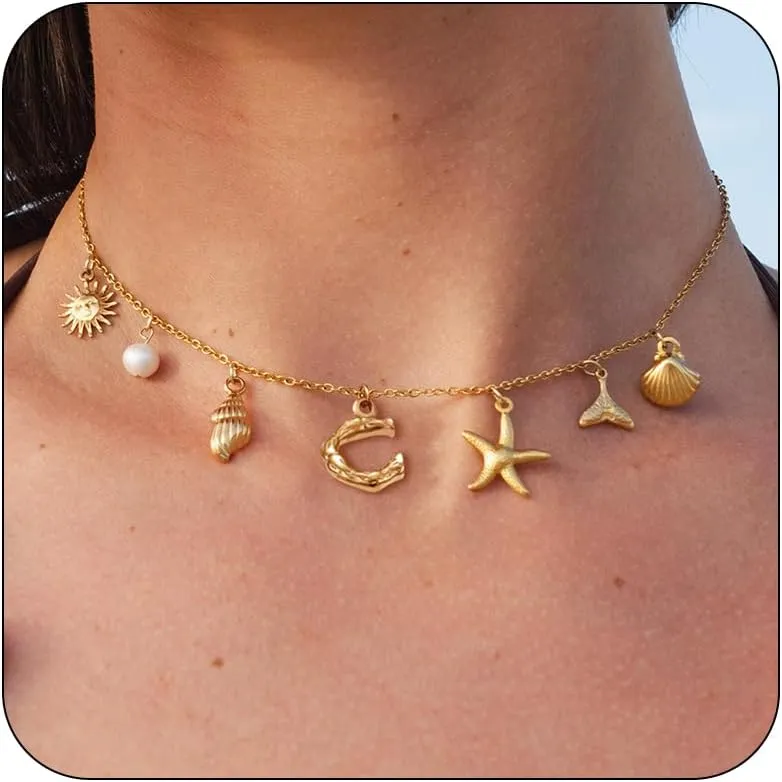 YANCHUN Initial Charm Necklace Summer Shell Necklace Letter A-Z Summer Boho Seashell Starfish Surfer Necklaces Jewelry Beach Vacation Essentials Trendy 2025 Women Beach Fashion