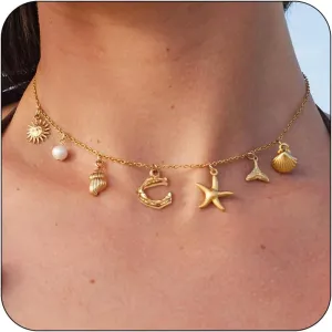YANCHUN Initial Charm Necklace Summer Shell Necklace Letter A-Z Summer Boho Seashell Starfish Surfer Necklaces Jewelry Beach Vacation Essentials Trendy 2025 Women Beach Fashion