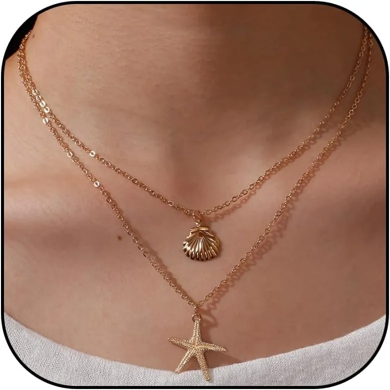 YANCHUN Shell Necklace Beach Accessories Sea Shell Necklace for Women Gold Shell Pendant Necklace Layered Charm Necklaces Summer Jewelry Surfer Beachy Summer Stuff