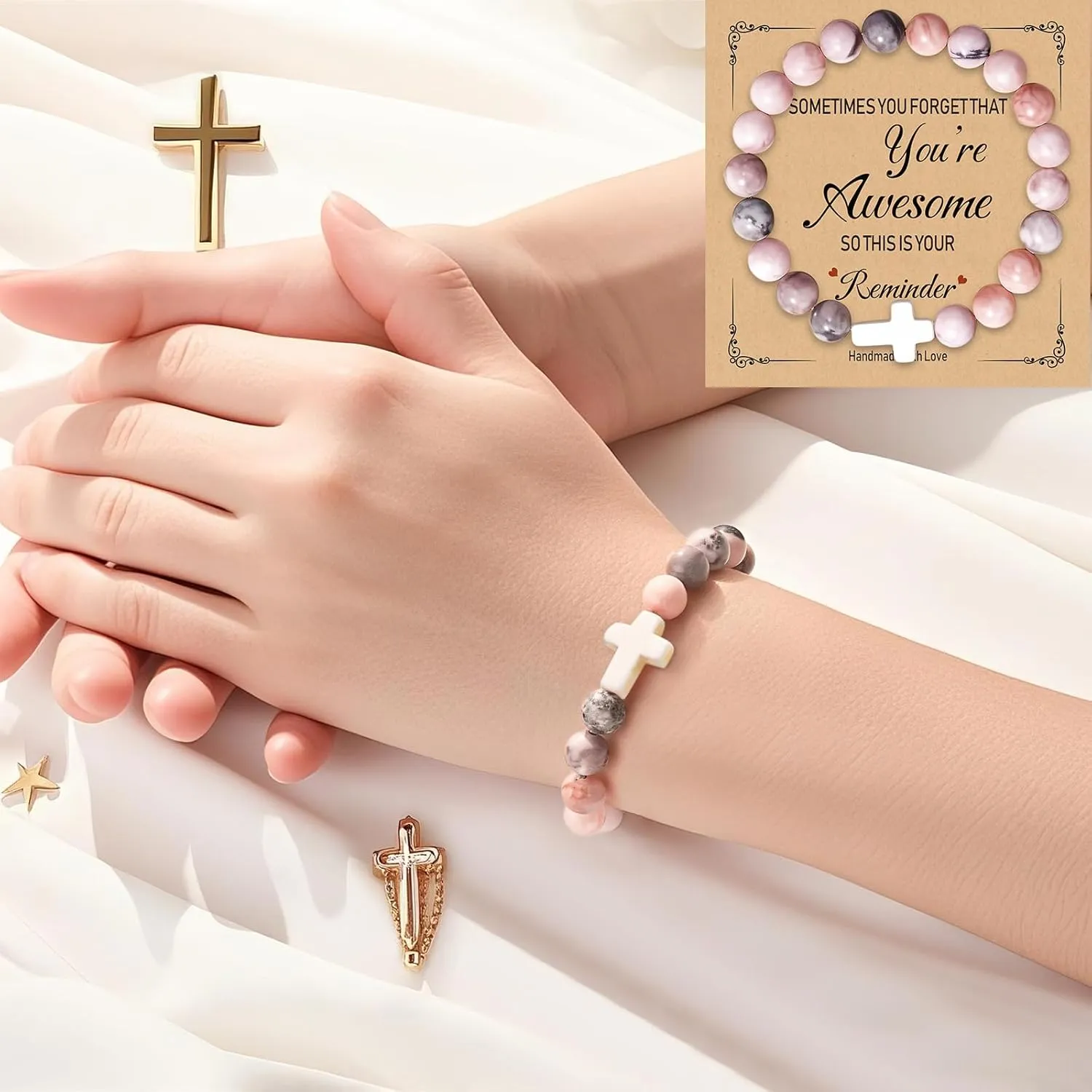 Zerobe Christian Cross Natural Stone Bracelet for Women - Faith, Birthday and Graduation Gifts for Teens Girl, Best Friends, Godmothers, and Secret Sisters
