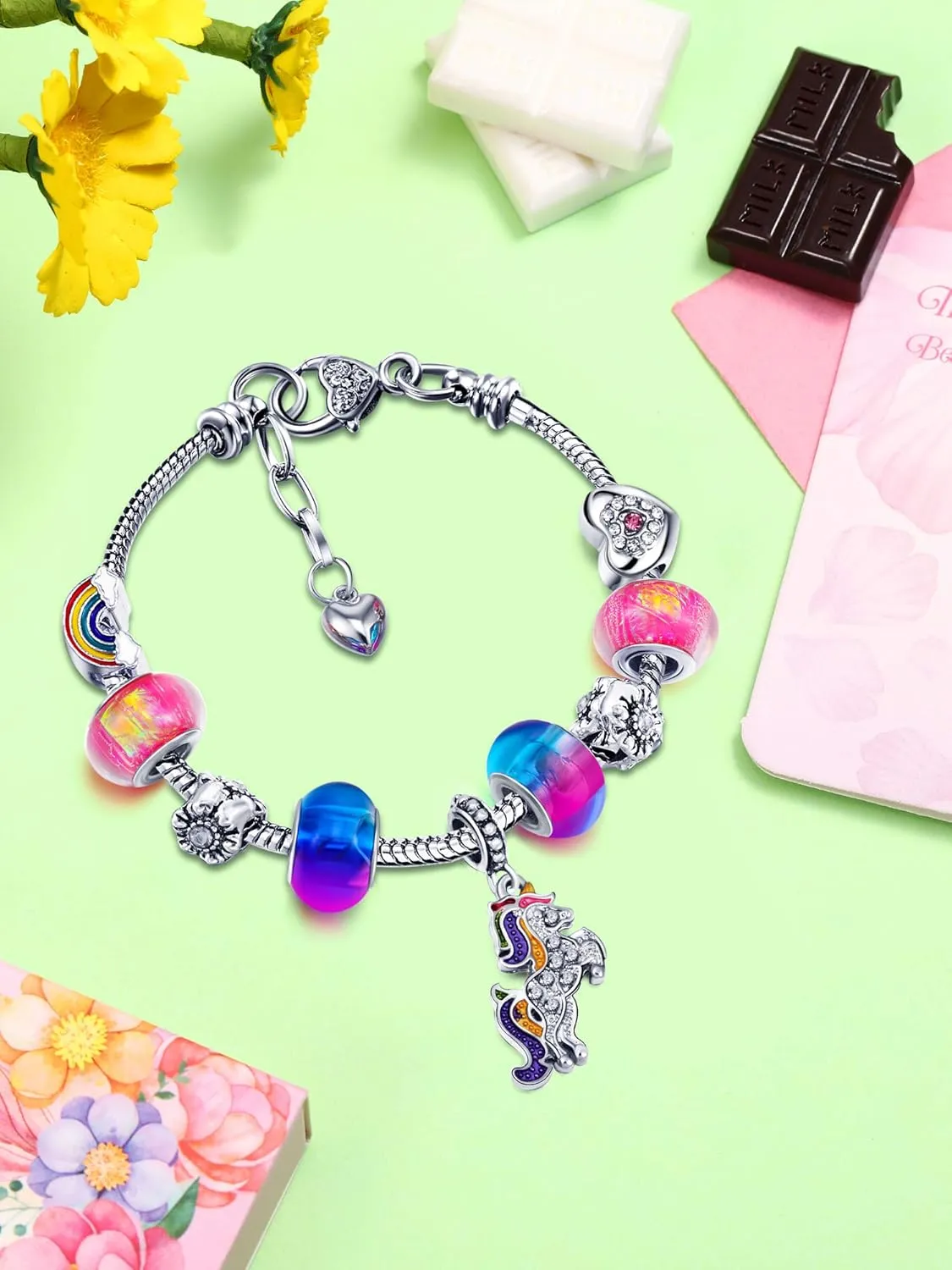 Zhanmai Unicorn Sparkly Crystal Charm Bracelet Bangle with Gift Box Set for Hers Lady