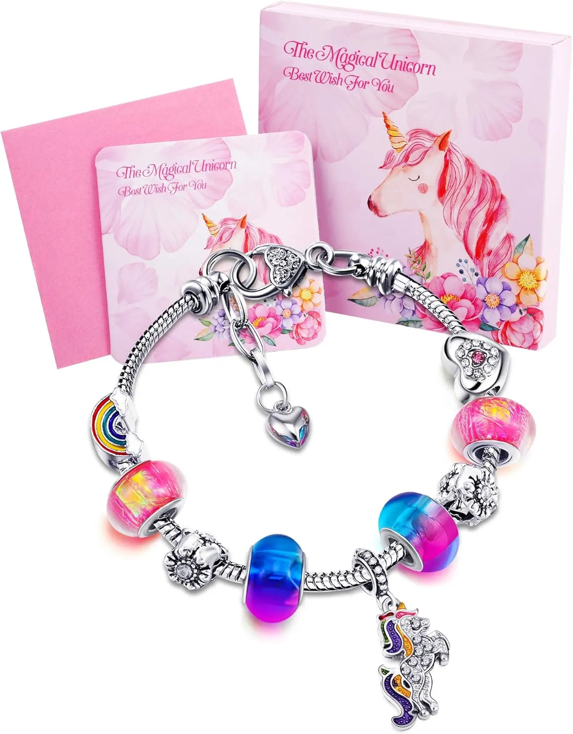 Zhanmai Unicorn Sparkly Crystal Charm Bracelet Bangle with Gift Box Set for Hers Lady